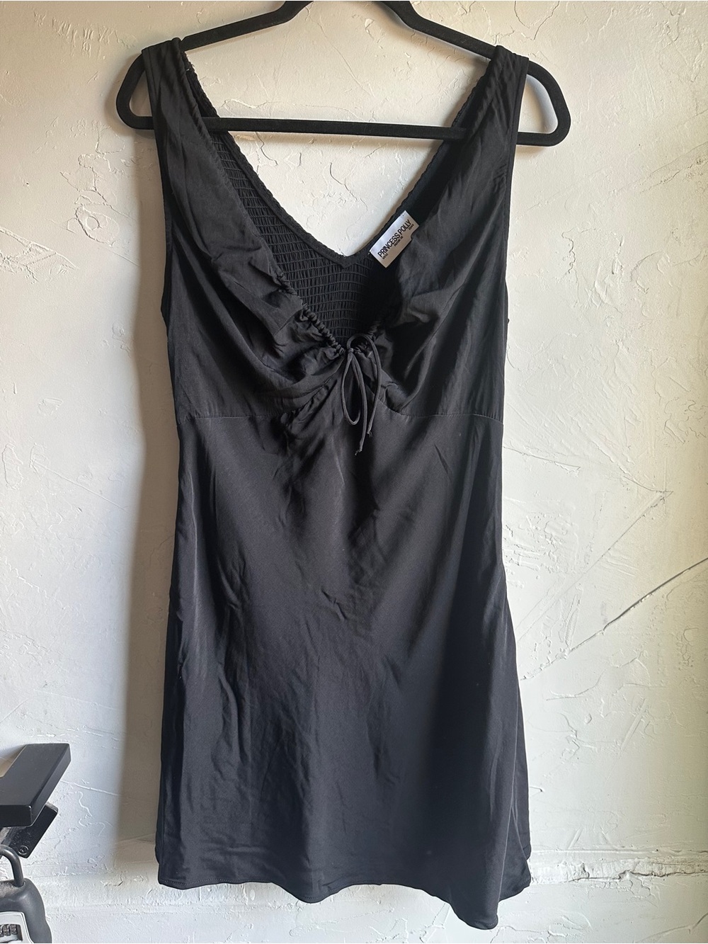Princess Polly Black Mini Dress US 12 Ruched Bust Smocked Back Dark Romantic